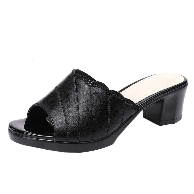 Genuine Leather Rhinestone Sandals For Women Summer New Style Mom Shoes Peep sandal Toe Non Slip Chunky Heel One Strap Slippers Ddmysaturn