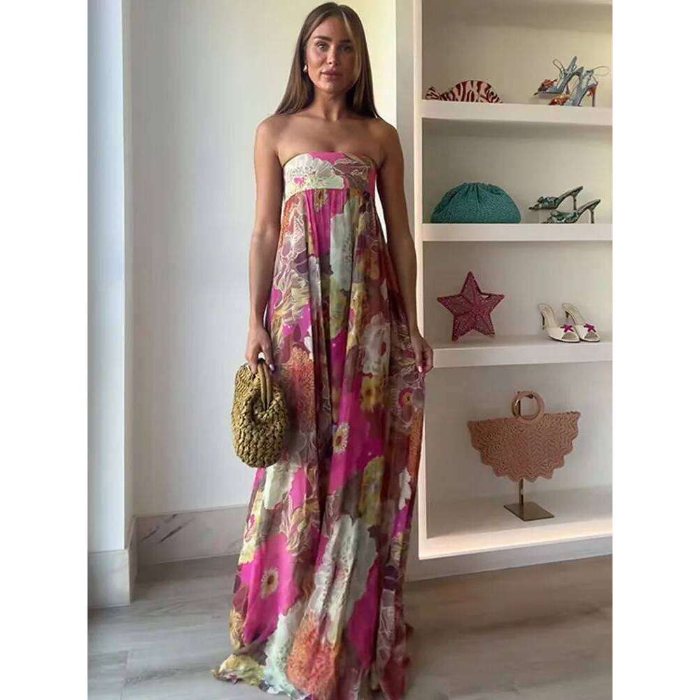 Pleated Printed Strapless Maxi Dress Women Elegant Sleeveless High Waist Loose Street Gowns 2025 Summer Vacation Party Vestidos