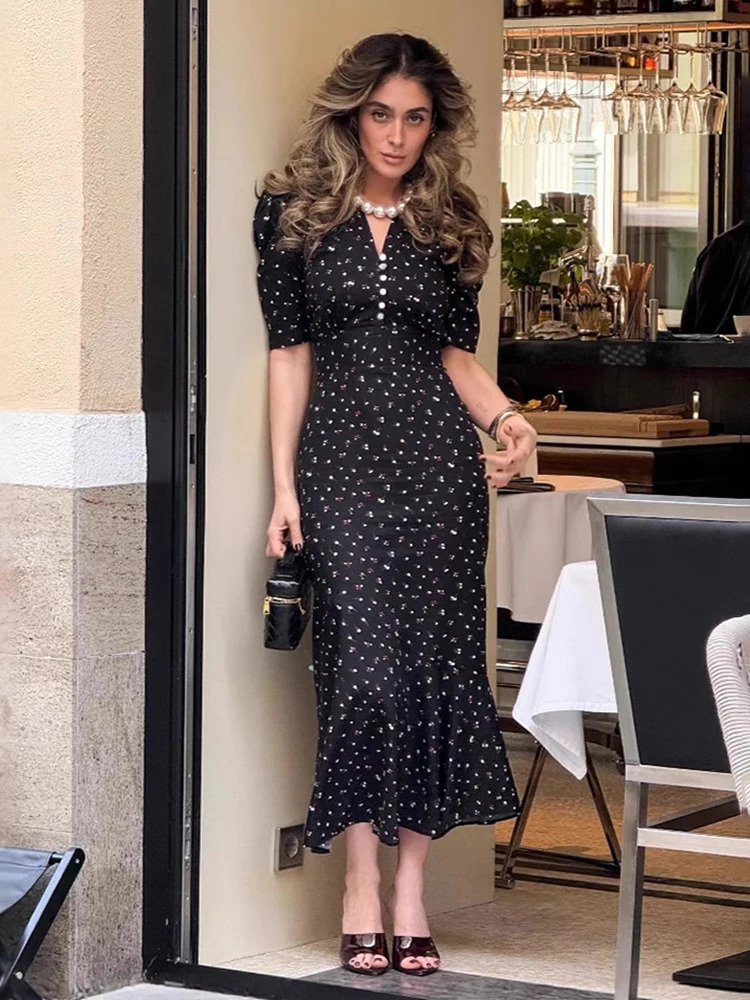 TARUXY Print Puff Sleeve Long Dress For Women Fashion V neck High Waist Commuting Outfits Elegant Lady Fishtail Dress 250609