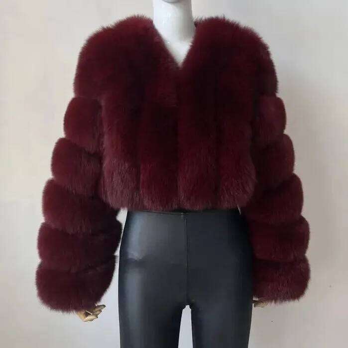 Open Women Faux Fur Coats Thick Warm Fox Short Coat Turn Down Collar Solid Full Sleeve Elegant Splice Autumn Winter