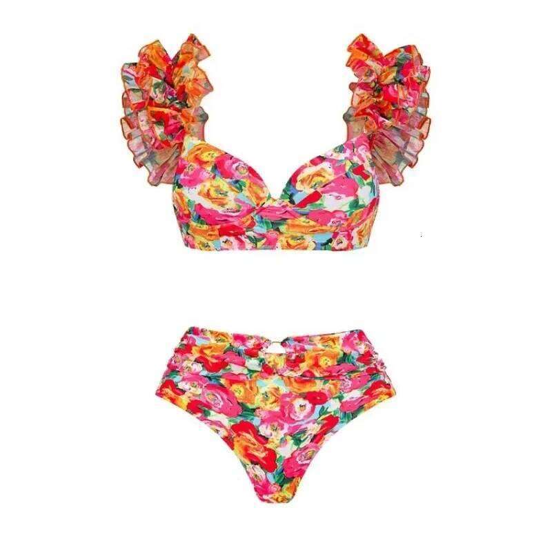 Floral Ruffle Printed Swimsuit for Women, Push Up Bikini Set, Slimming Bathing Suit, Beach Wear, High Quality