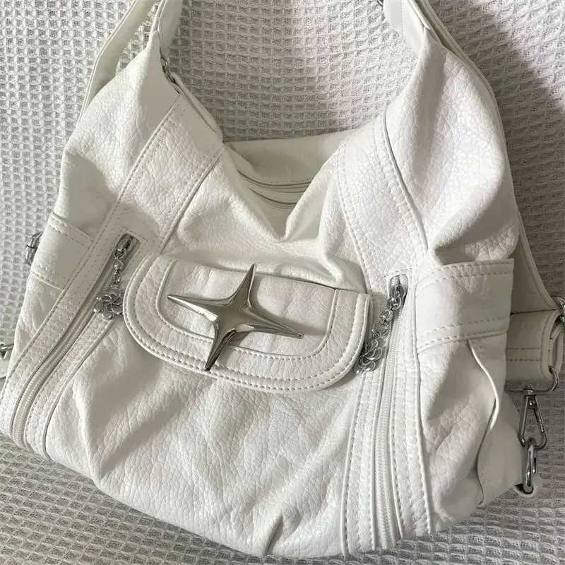 Y2k Large Capacity Shoulder Bag White Pu Leather Star Handbag American Style Punk Goth Fashion Simple Designer Handbag Tote Bag XJ250610