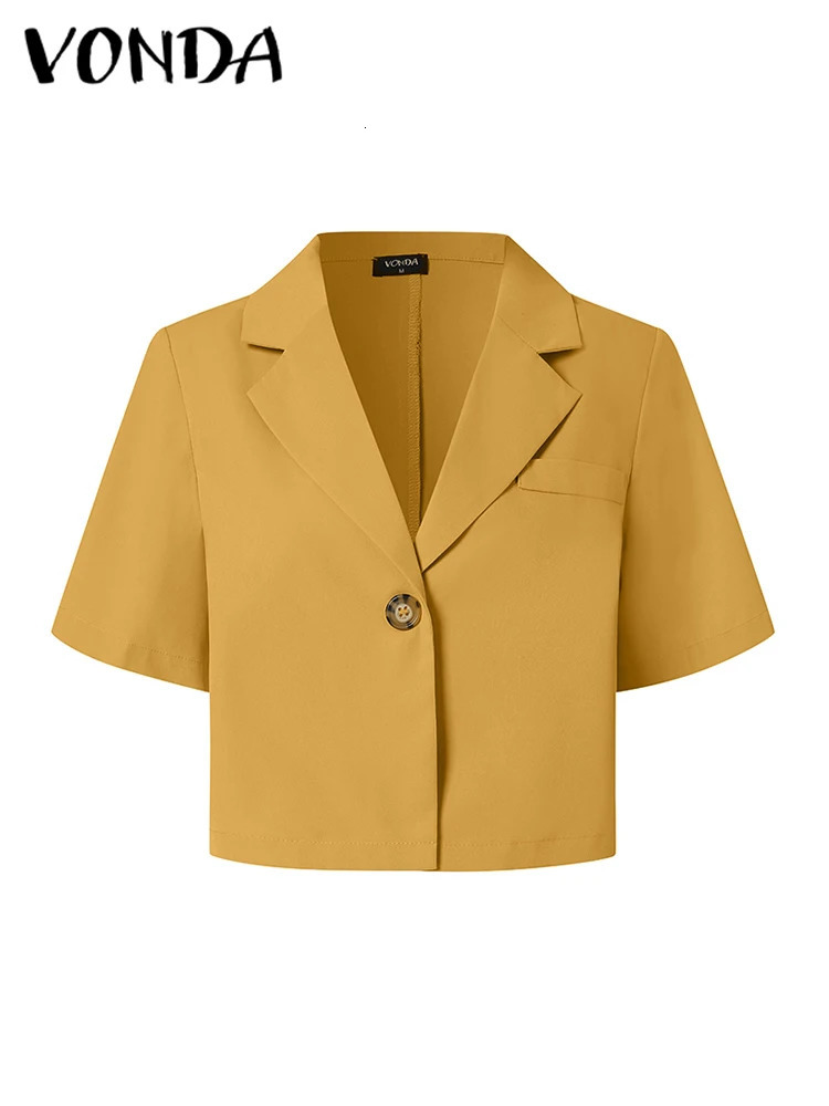 VONDA Elegant Summer Blazer Women Short Sleeve Suit Collar OL Coat Fashion Outwear Solid Color Casual Button Tunic Tops 250610