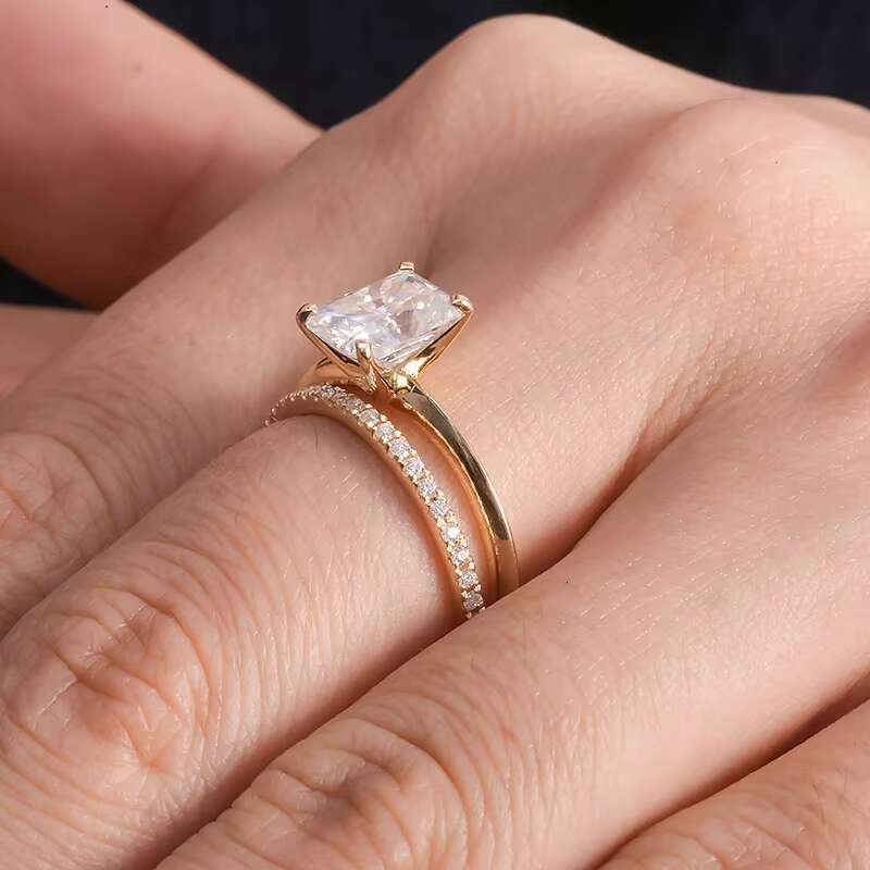 Solid Gold 4CT Radiant Moissanite Engagement Ring Set Available 10K 14K 18K Durable Lustrous Wedding Jewelry
