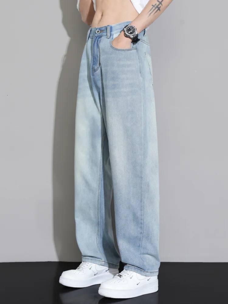 Spring Summer Loose Jeans for Men Light Blue Straight Wide-leg Embroidered Fashionable Casual Denim Long Pants Male 250611