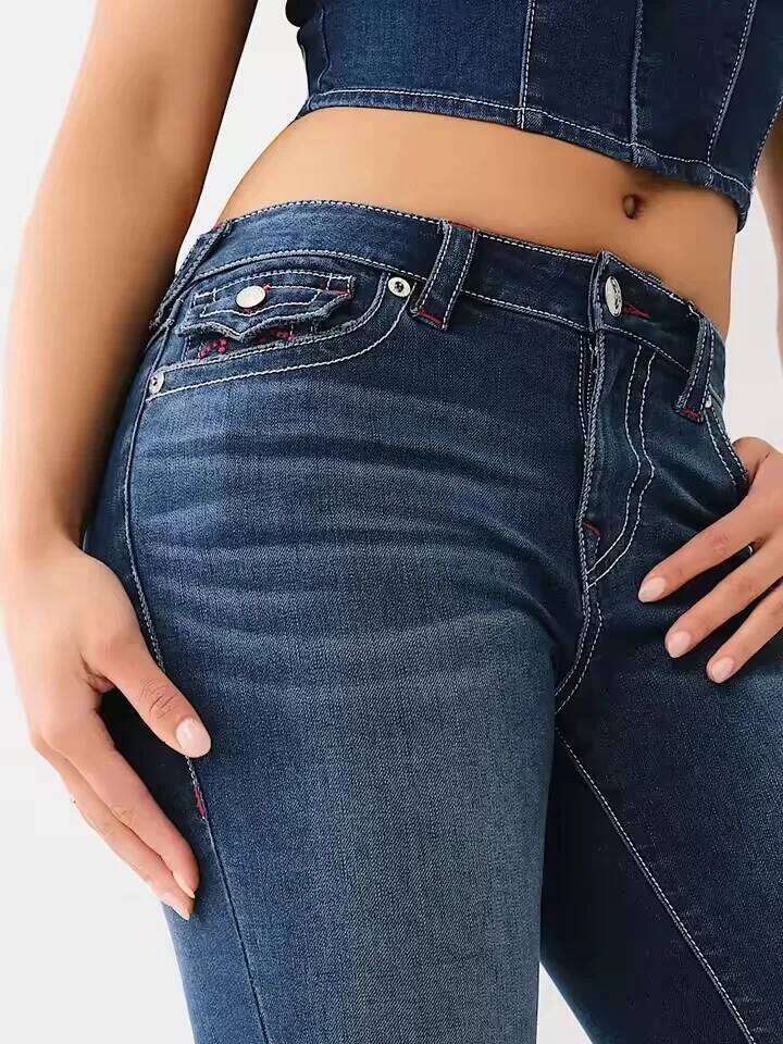 Gothic Vintage Y2k Clothes Men Women Haruku Pocket Embroidery Retro Blue Baggy Jeans High Waist Slim Flared Trousers