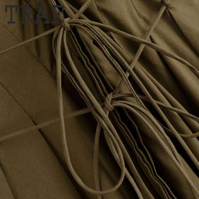 TRAF V-neck Short Sleeve For Women Fashion Sagging Sense Long Waist Lace Up Midi Dress Elegant Evening Dresses
