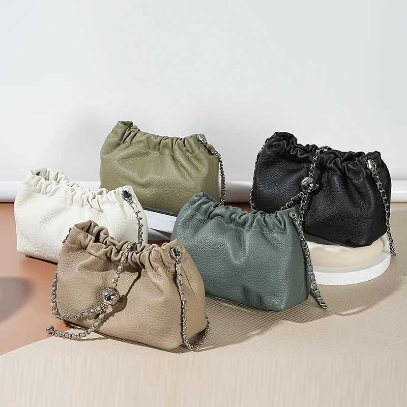 Women Real Cowhide Chain Shoulder Bag Versatile Crossbody Tote Bag Casual Pleated Hobo Bag Satchel Sling Bag Girl Stylish PurseXJ250610