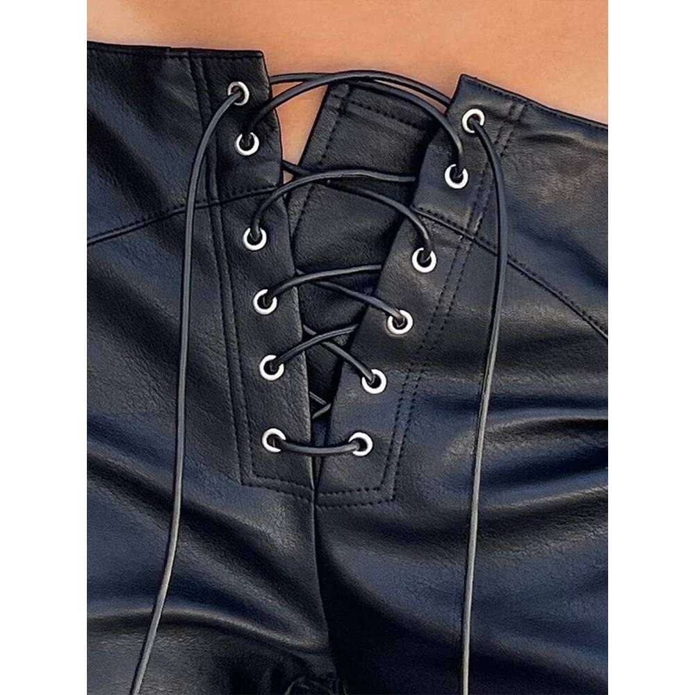 Cryptographic Fashion PU Faux Leather High Rise Skinny Straight Pants for Women Streetwear Bottom Club Party Goth Pant Trousers