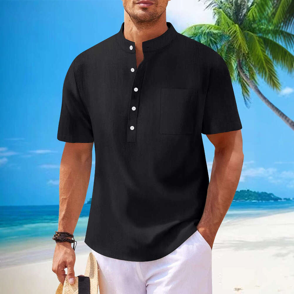 Spring Summer Men's Cotton Linen Stand Collar Short Sleeve Loose Casual Henley Shirt Men B5
