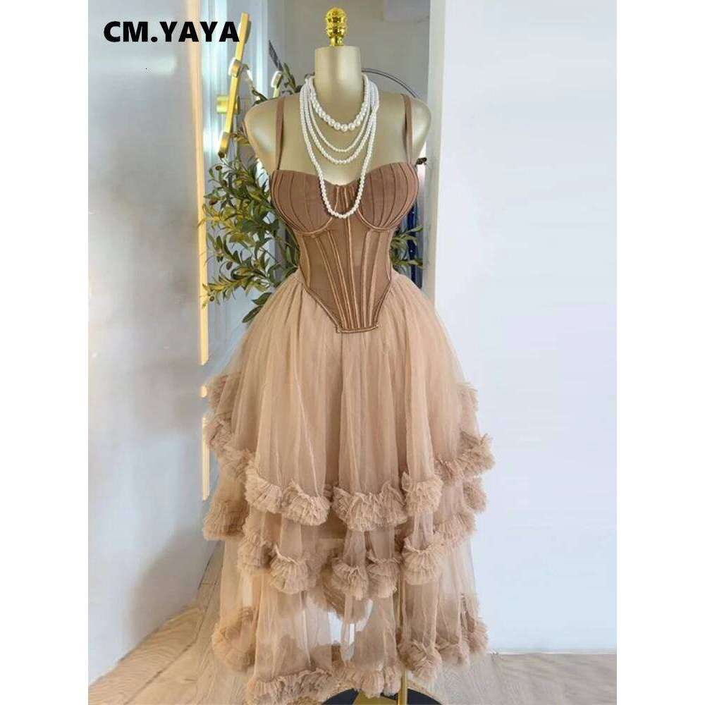 Cm.Yaya Women's Dress Sleeveless Strap Tops And Pleated Tiered Skirts Suit Elegant Vacation Birthday Two 2 Piece Set Outfits