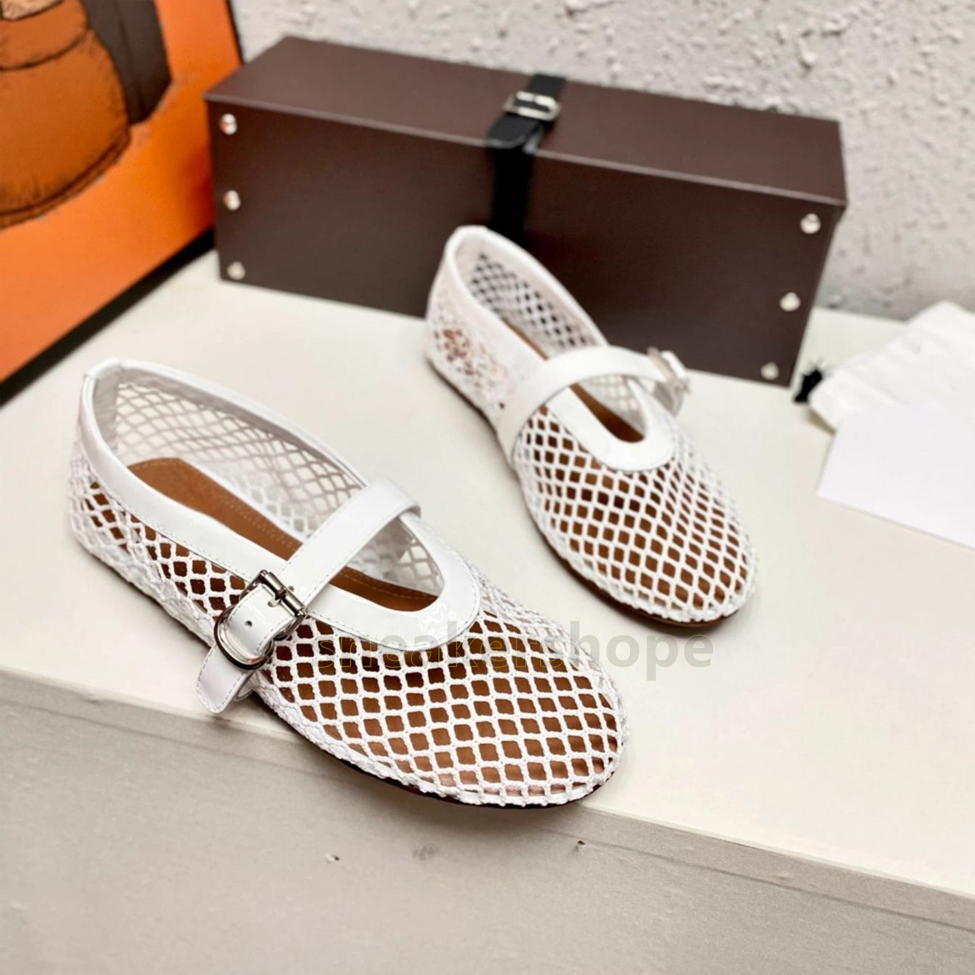 mesh hollow ballet flats heels mary jane loafers womens fashion summer women shoes balck white fishing net weaving buckle designer sandals size 35-43