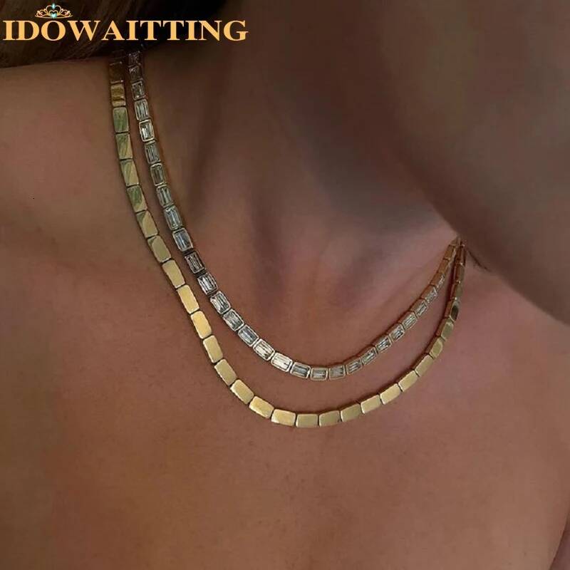 2025 Geometric High Polish Fashion Bling Rectangle Metal Beaded Bar Tennis Chain 16" Women Gold Color Choker Necklace Jewelry