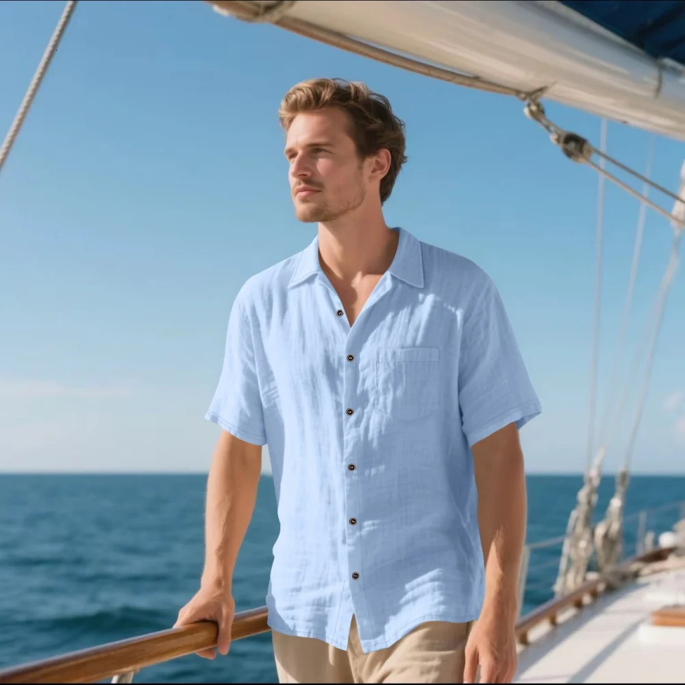 Mens Summer Hawaiian Casual Short-Sleeved Shirt Retro Cotton Linen Comfortable Breathable Solid-Color Pocket Lapel Shirt Top 250606