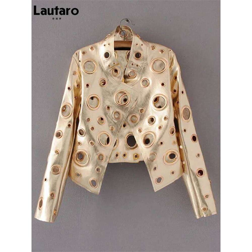 Lautaro Runway Cut Out Short Faux Leather Jacket Golden Rivet Cool Stylish Designer Clothes Women European American Fashion 2022