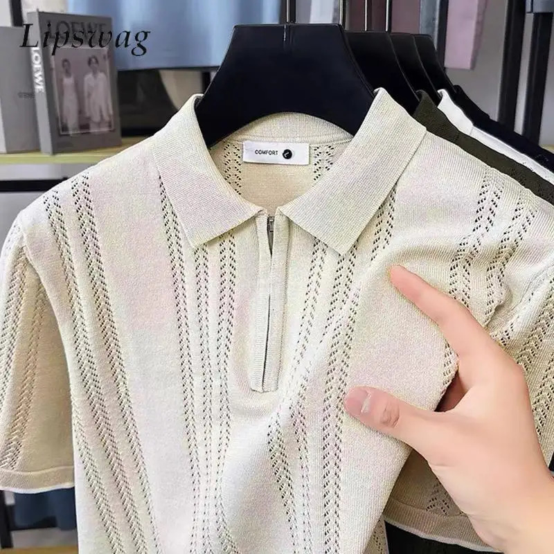 Vintage Striped Ice Silk Knit Polos Mens Summer Casual Breathable Slim Polo Shirts Men Trendy Solid Color Short Sleeve Tops 250610