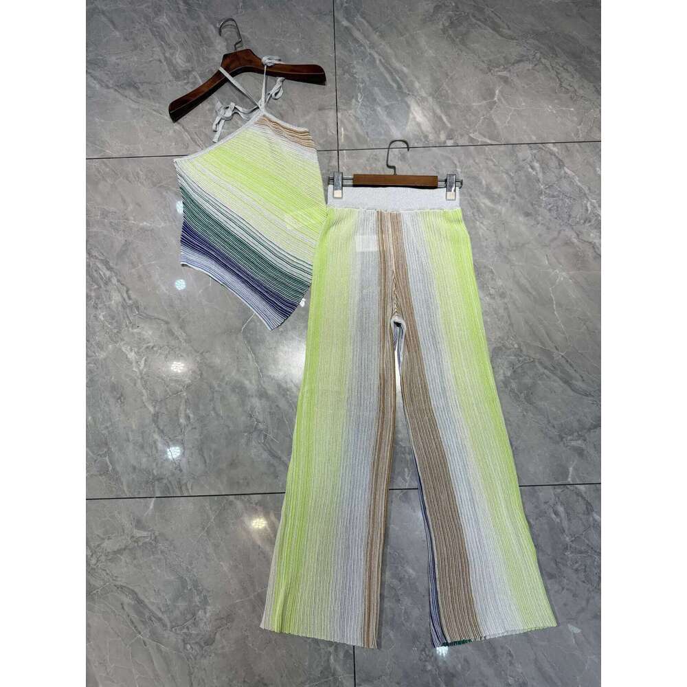Women Slanted Shoulder Metallic Sequined Striped Knit Camisole Top+ Elastic Waist Wide Leg Long Pants Set