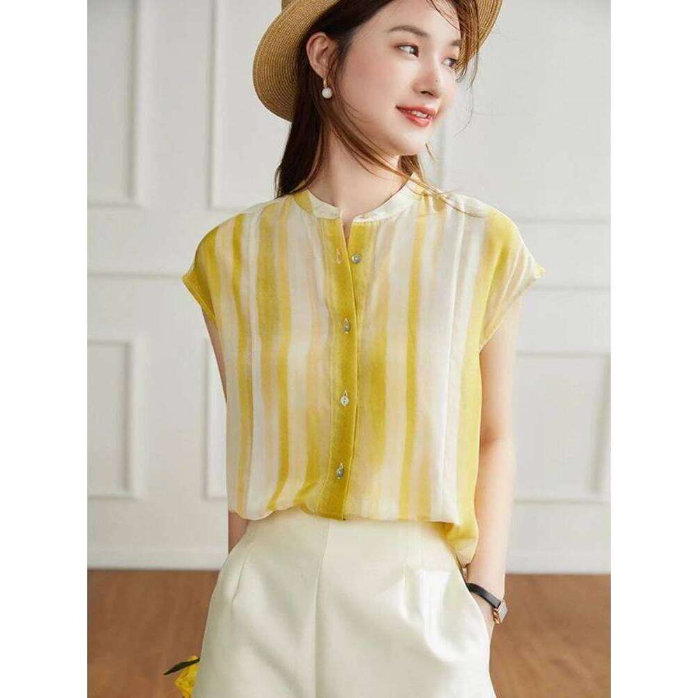 Women's Shirt and Blouse Chiffon Yellow Sleeveless Striped Female Tops Loose Summer Button Up Y2k Fashion Sale of Pretty Xl M