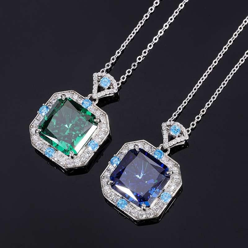 S925 Silver Vintage Fashion High-Carbon Diamond Princess Square Pendant Necklace, 14x14mm Main Stone, Elegant Women's Jewelry, Stylish Textured P