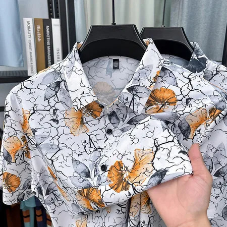 Summer Men Short Sleeve Hawaiian Shirt Casual Polyester Cotton Blend Shirt 250606