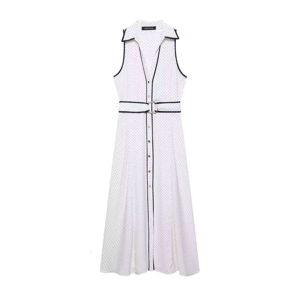 TRAFZA Women Vintage Polka Dot Sleeveless V-neck Belt Midi 2025 Summer Fashion Elegant Holiday Beach Mujer Dress