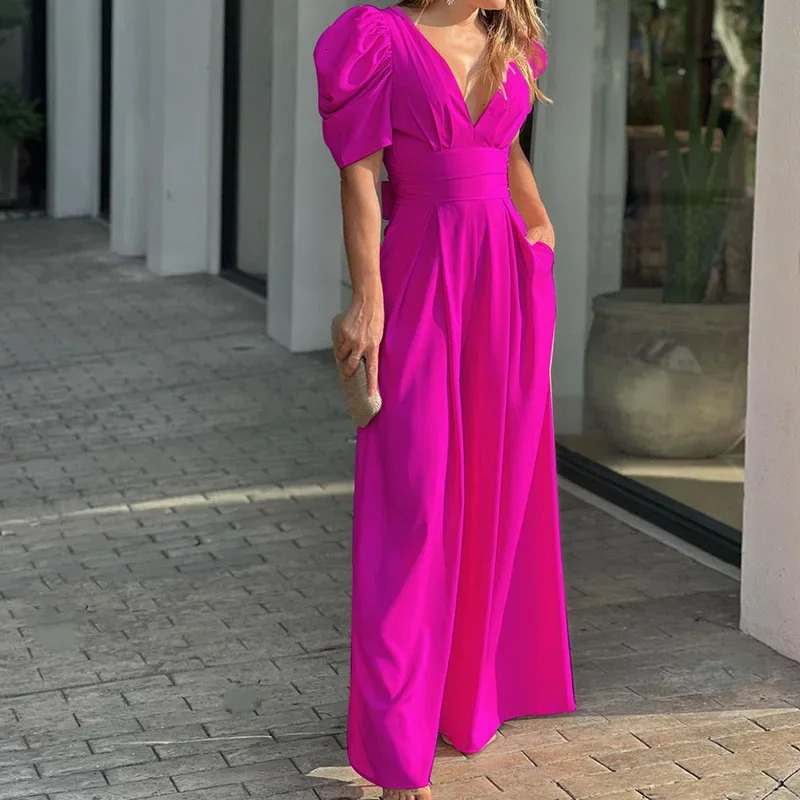 Summer Elegant Fashionable Wide Leg Jumpsuit Short Sleeve Womens Clothing CrossBorder Plus Size OnePiece Suit 250610