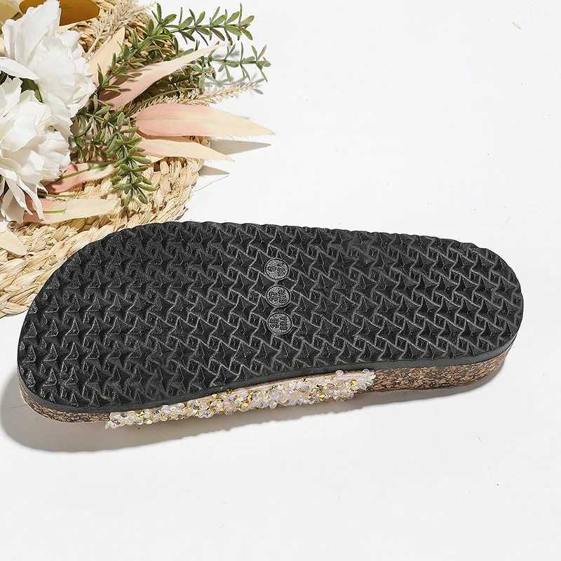 Double Metal New Fi Buckle Diamond Sequins Slippers Home Leisure Beach Womens Flat Sandals for Fall and Winter Models XJ250610