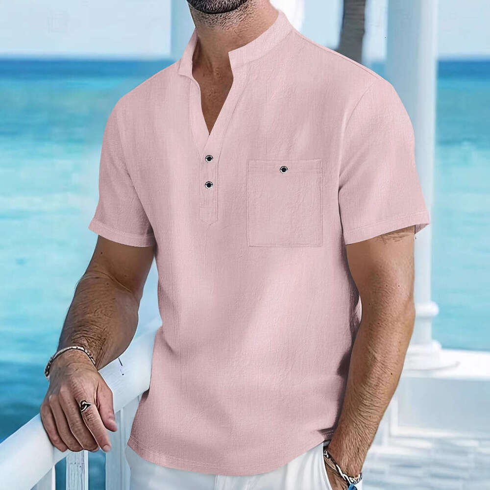 New Stand Collar T-Shirt Linen Short Sleeve Shirt Casual Thin Loose Henley Men's Wear B5