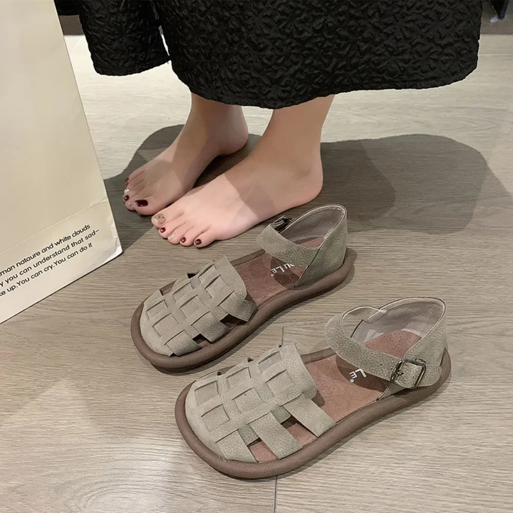 Womens Summer Zapatillas De Mujer Shoes Square Toe Flat Sandals Leather Women Gladiator Sandals Slip on Ladies Beach Shoes 250609