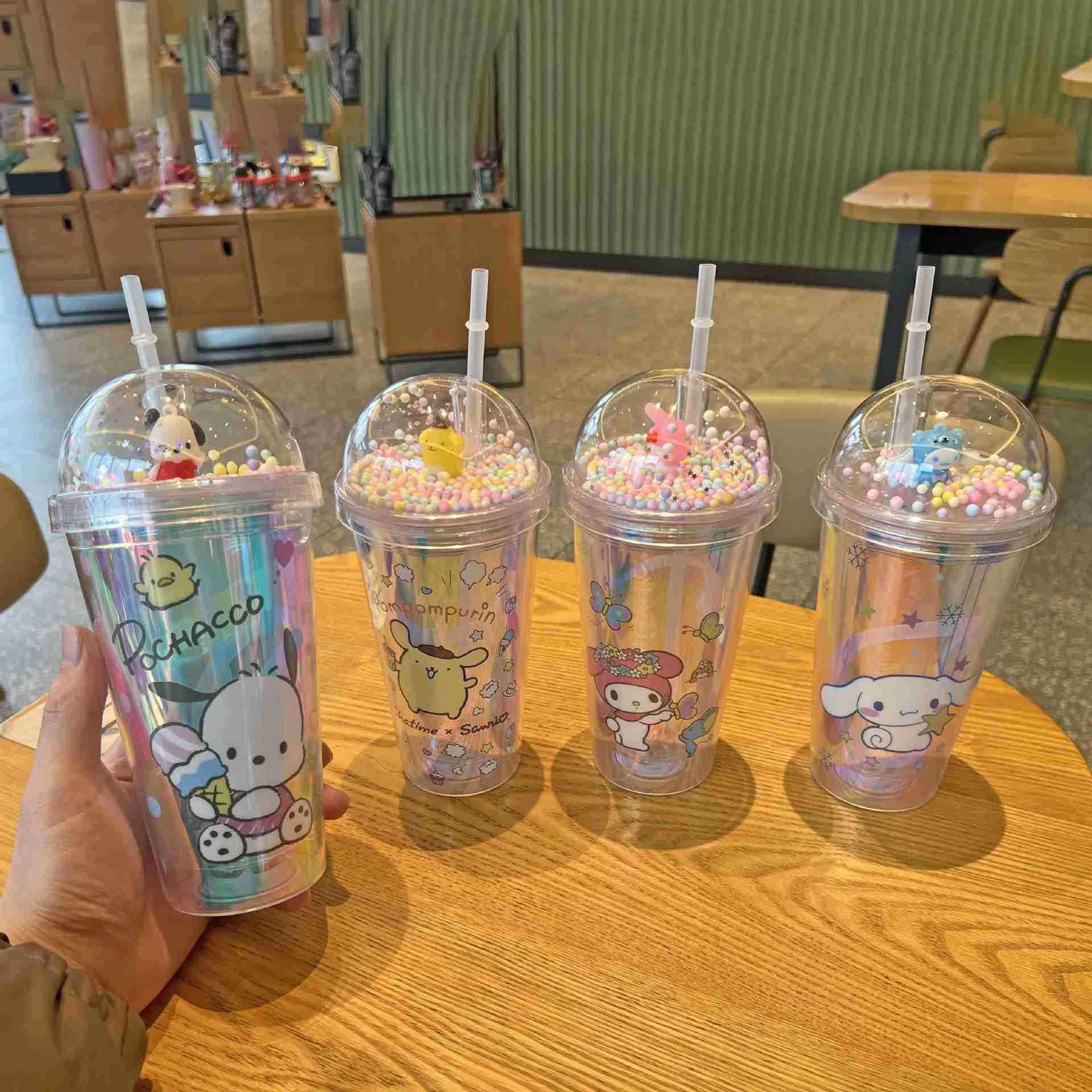 Sanrio 450ML Sanrio Cartoon Plastic Straw Cup Kuromi Stitch Double-Layer Plastic Cup Portable Sport Mug Straw Water Cup Christmas Gifts XJ250611