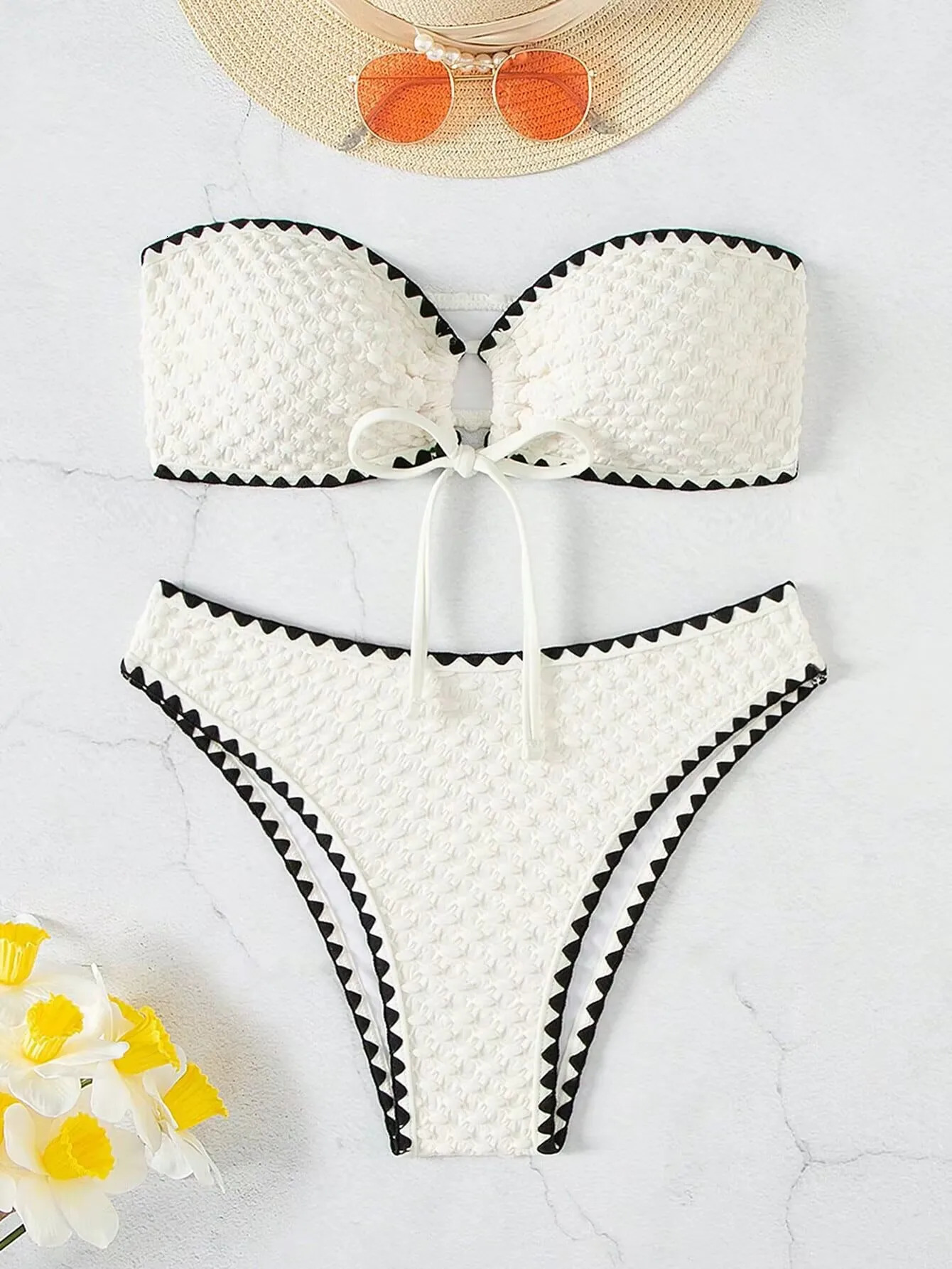 Swimwear White 2 Piece Strapless Swimsuit for Women Sexy Bandeau Backless Bikini Set Laceup Patchwork Bathing Suit 250609