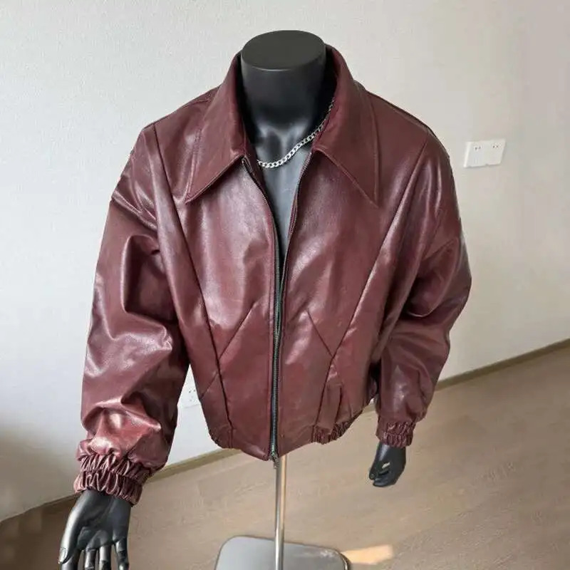 PFHQ Mens PU Leather Jacket Turn-down Collar Long Sleeve Zipper Line Decoration Male Tops Fashion 21E2803 250611