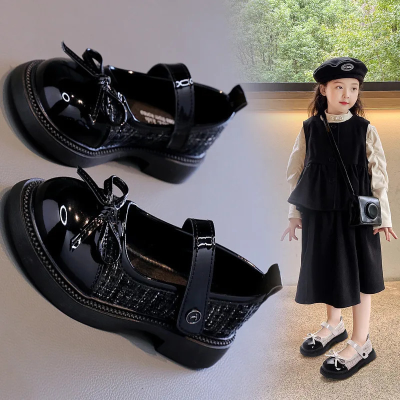 Butterfly Knot Anti Slip Round Toe Girls Leather Shoes Spring Autumn Outdoor PU Sweet Princess Leather Shoes Sandalias De Mujer 250611
