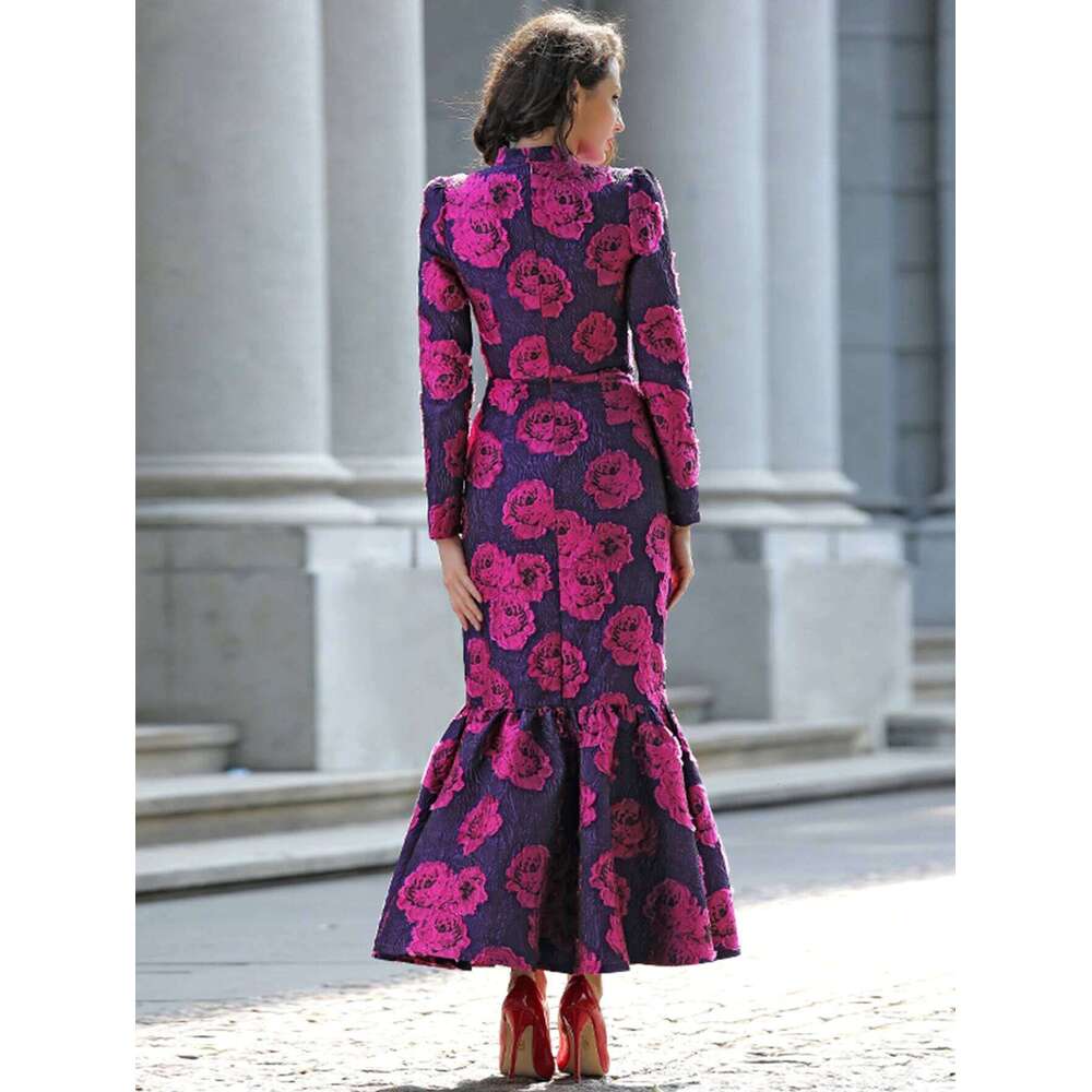 Elegant Brocade Women Maxi Mermaid Dress Long Vintage Flowers Slim Clothing Stand Collar Party Dresses Robe Femme Vestido