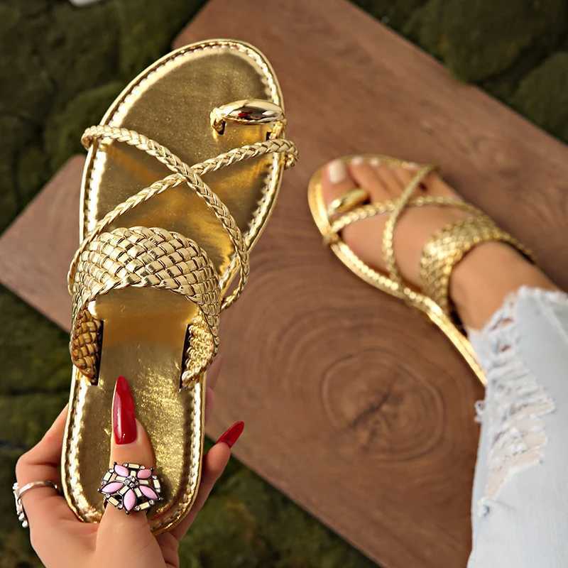 Gold Braided Cross Strap Flat Sandals for Women Roman Style Ring Toe Summer Slippers Woman Lightweight Outdoor Beach Slides 2025 XJ250610
