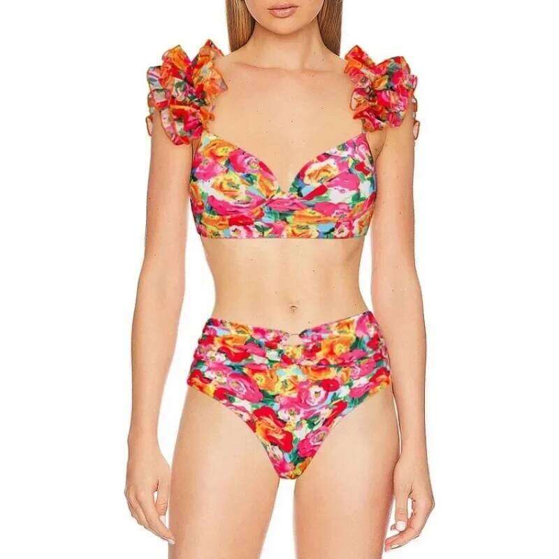 Floral Ruffle Printed Swimsuit for Women, Push Up Bikini Set, Slimming Bathing Suit, Beach Wear, High Quality