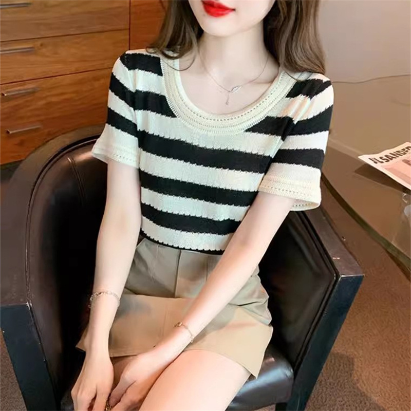 KC145 Retro striped shoulder t-shirt women's short-sleeved design niche hollow ice silk knit sweater top clothes