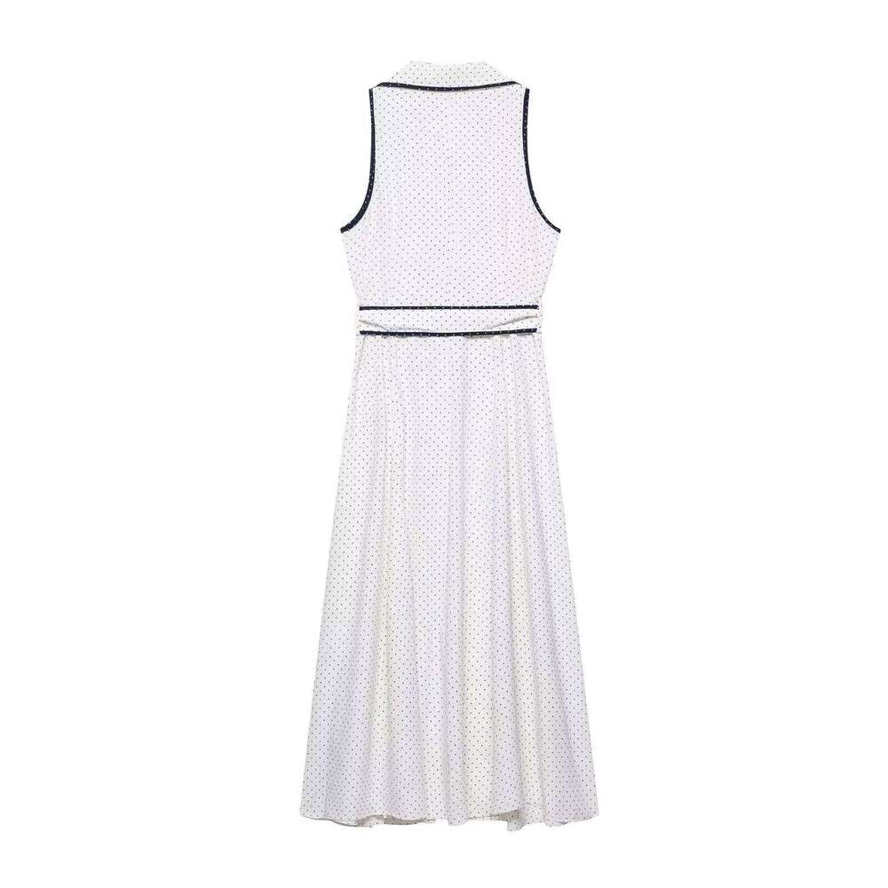 TRAFZA Women Vintage Polka Dot Sleeveless V-neck Belt Midi 2025 Summer Fashion Elegant Holiday Beach Mujer Dress
