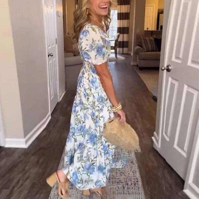 New Summer Print Puff Sleeve Long Dress Woman Beach Sweet Zipper Party Casual Square Collar Floral Bohemian Maxi Dresses