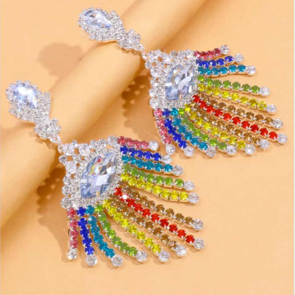 Boho Rhinestone Rainbow Geometric Fringed Dangle Earrings Drag Queen Crystal Colorful Long Tassel Drop Earrings Wedding Jewelry 250610