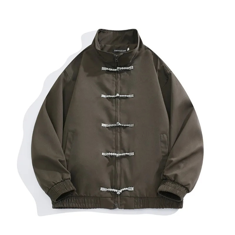 Chic Man Jackets Hong Kong Style Retro Buckle Stand-up Collar Coats Solid Zipper Korean Fashion Vintage Coat Trendy Male Tops 250611