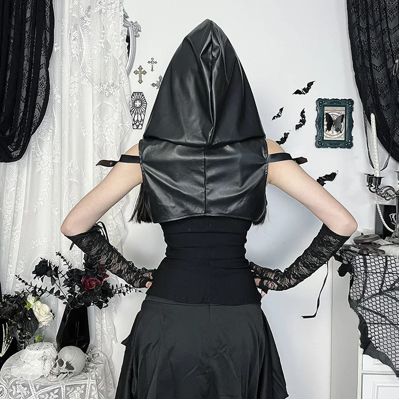 Goth Dark Punk Style Sleeveless Zip Hooded Crop Tops Women Cyber Y2K Faux Pu Leather Hoodies Smock Mall Gothic Streetwear 250610