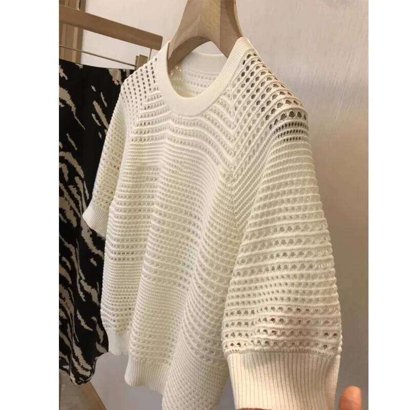 Sandro Quality Thin Hollow out Knitted Short Sleeve Women's T-Shirt Crew Neck Summer Lightweight Fashionable Casual Top