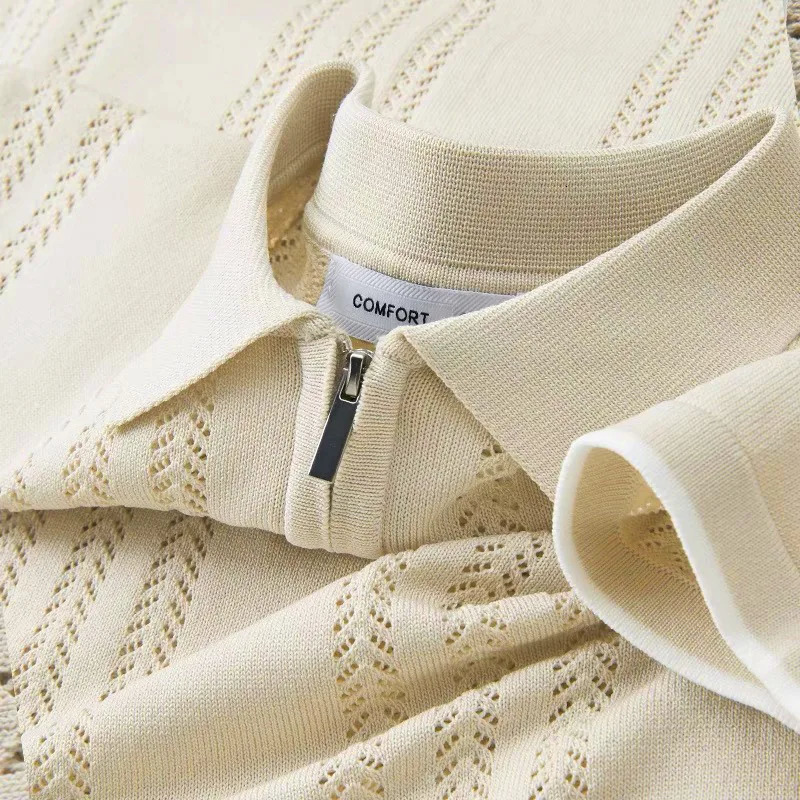 Vintage Striped Ice Silk Knit Polos Mens Summer Casual Breathable Slim Polo Shirts Men Trendy Solid Color Short Sleeve Tops 250610