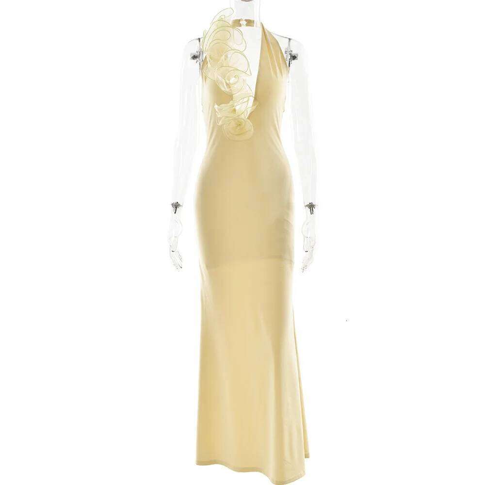 Mesh Rose Deep V Neck Sexy Maxi 2025 Summer Women Gown Elegant Halter Sleeveless Backless Bodycon Club Party Long Dress