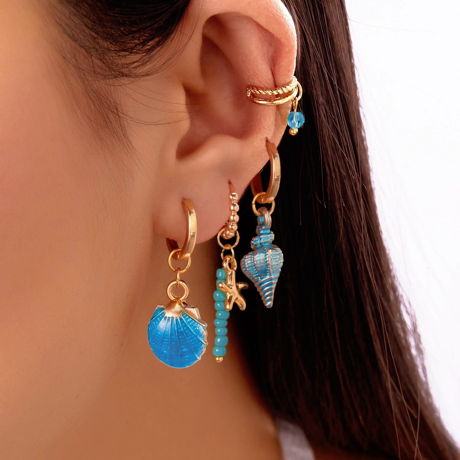 4Pcs Colorful Shell Conch Earrings Set For Women Bohemian Ocean Style Starfish Pendant Beaded Ear Bone Clip Girls Beach Jewelry 250610