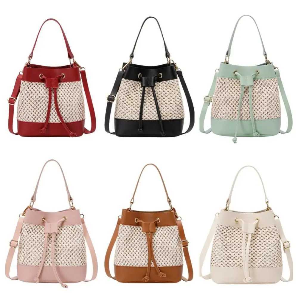 Fashion Bundle Pocket Straw Crossbody Bag Woven Commute Drawstring Bucket Bag Handbag Messenger Bag Beach Shoulder Bag Ladies XJ250610