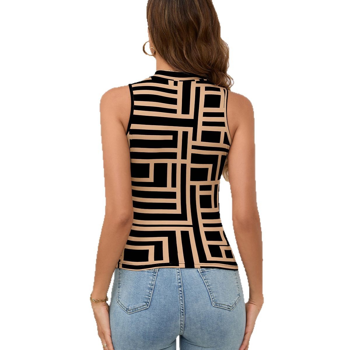 Summer women's sleeveless high-neck geometric print fitted knitted top