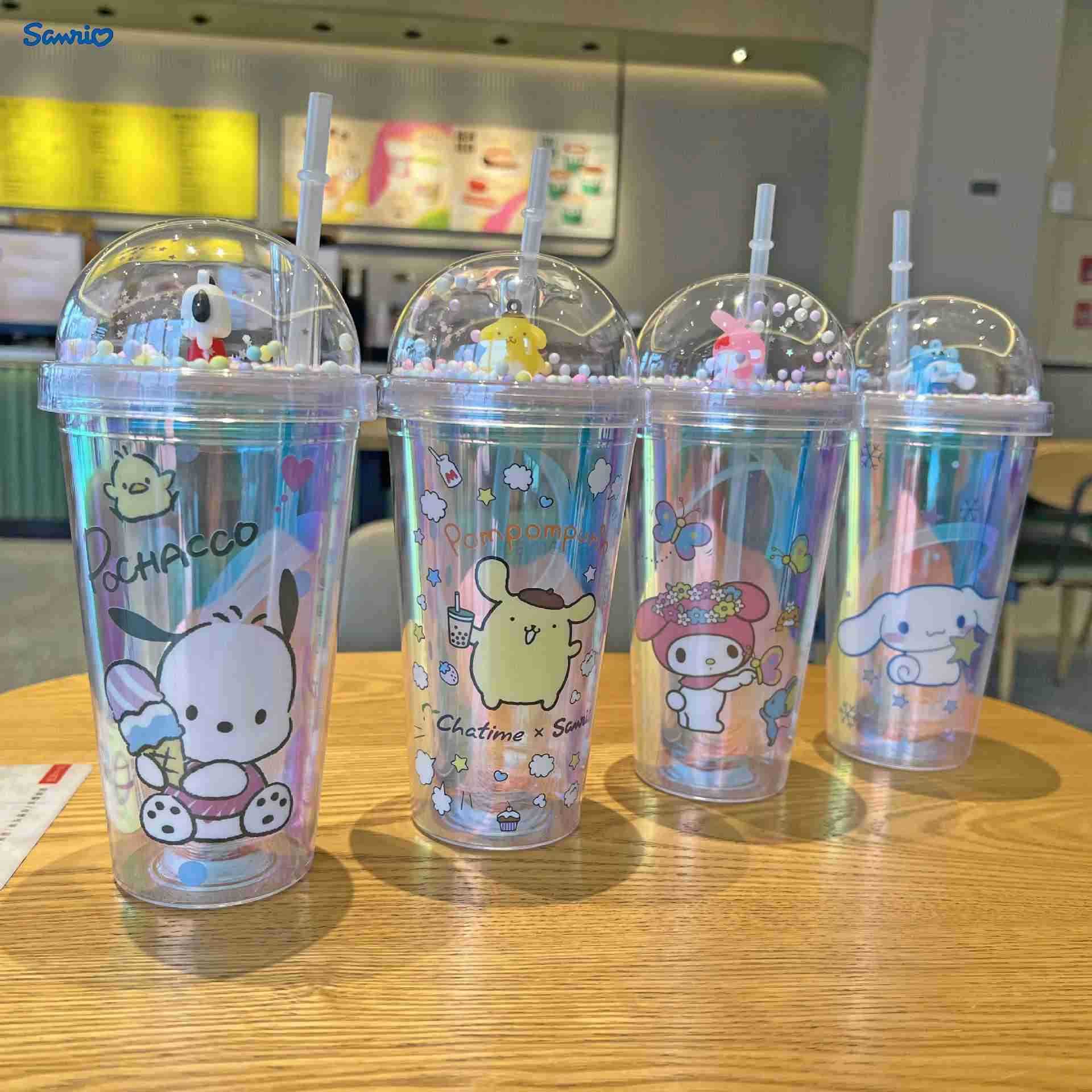 Sanrio 450ML Sanrio Cartoon Plastic Straw Cup Kuromi Stitch Double-Layer Plastic Cup Portable Sport Mug Straw Water Cup Christmas Gifts XJ250611
