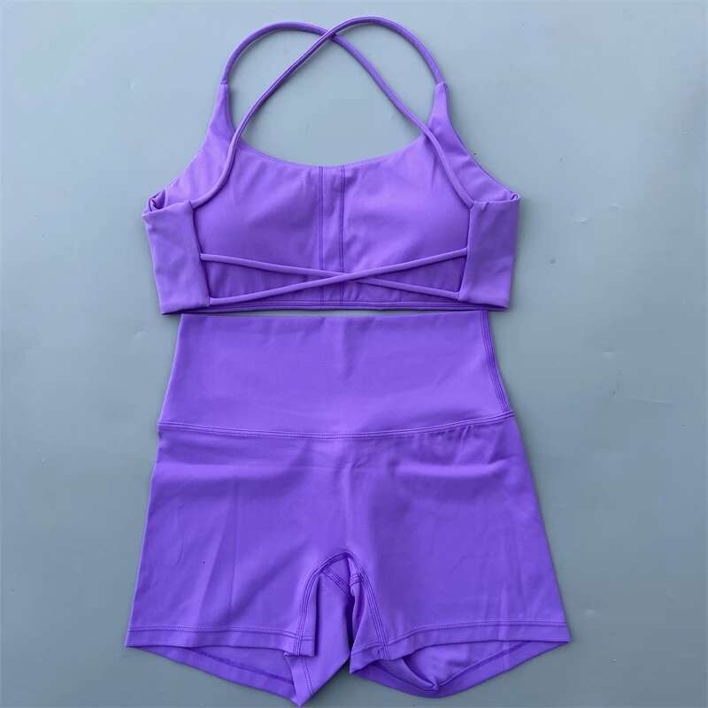 Yoga Gym Two Piece Sports Set Women Workout Outfit Fiess Suit Cross Straps Bra High Waist Shorts Running Tracksuit